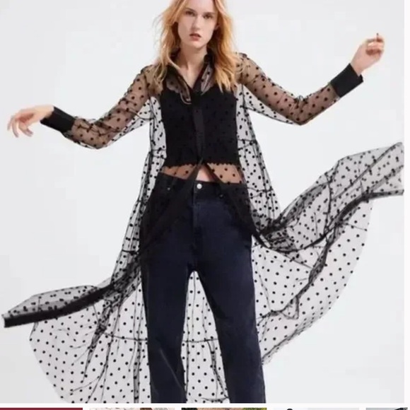 ZARA Sheer Polka Dot Tulle Button Down Short Dress in Black Size XS - Picture 3 of 9